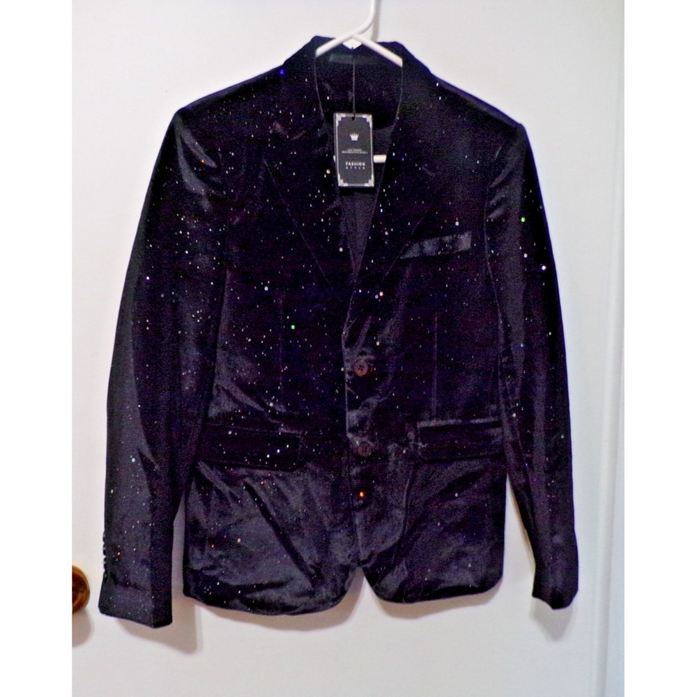 Embellished Black Velvet Sparkle Women's Blazer Size M Inside Pockets 2 Buttons